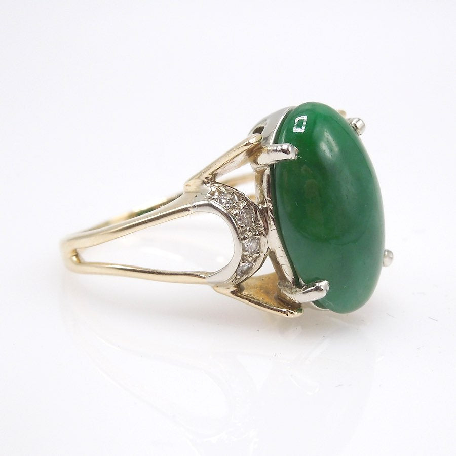 Midcentury Jade and Diamond Ring in Yellow Gold