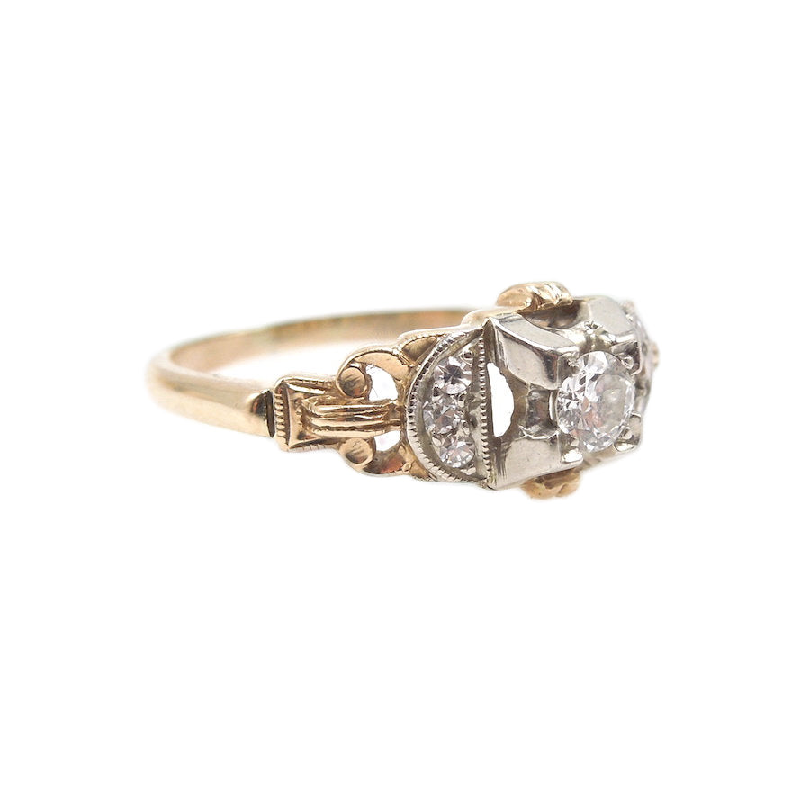 Late Art Deco Bicolor 0.17ct Diamond Engagement Ring in 14K White and Yellow Gold