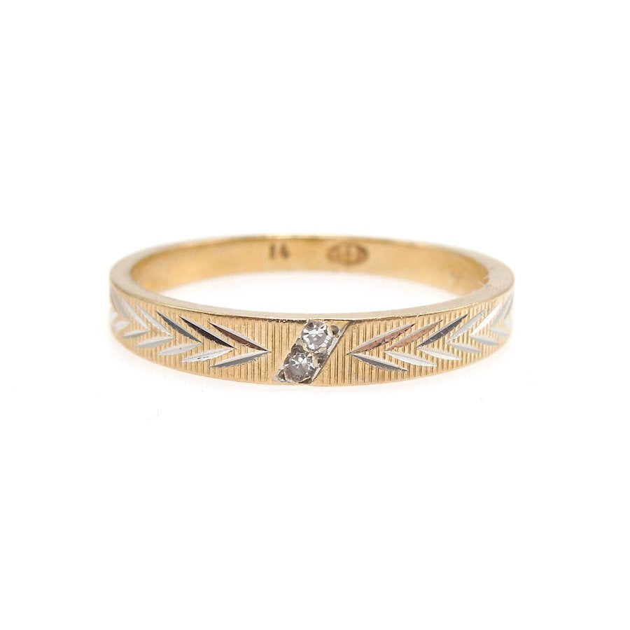 Midcentury Retro Yellow Gold Wedding Band with Two Small Diamonds
