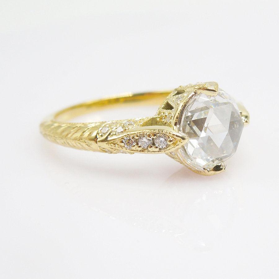 18K Yellow Gold Diamond Ring - The Compass Ring - with 7mm Rose Cut Diamond