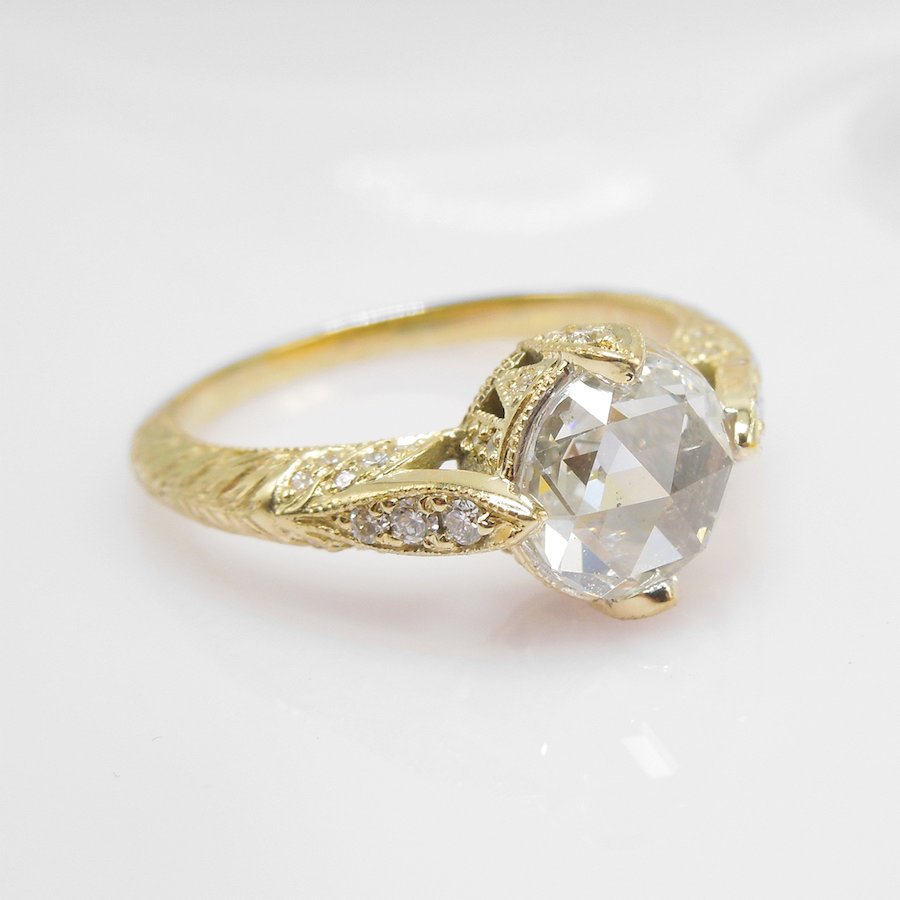 18K Yellow Gold Diamond Ring - The Compass Ring - with 7mm Rose Cut Diamond