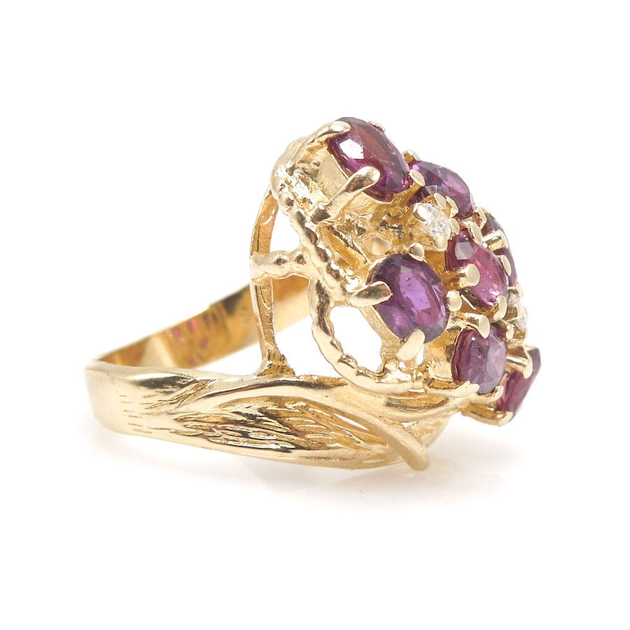 Large 14K Yellow Gold Oval Rhodolite Garnet and Diamond Ring