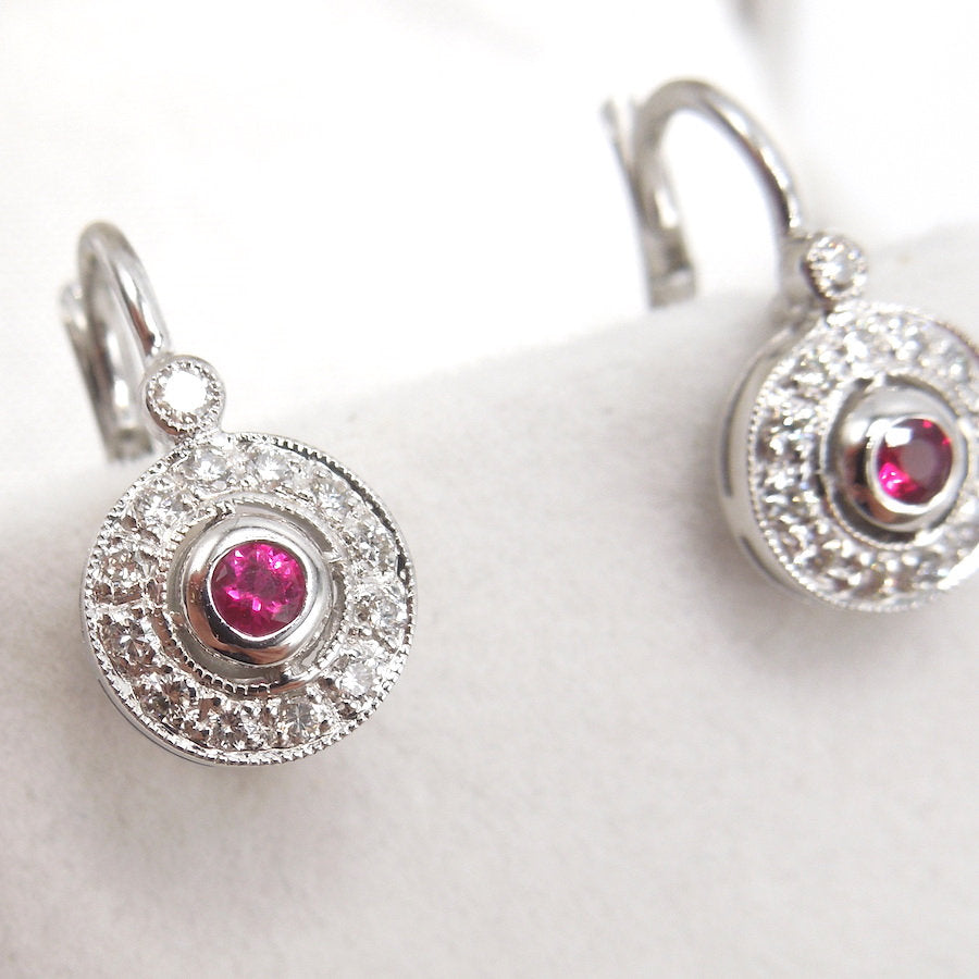 14K White Gold Ruby and Diamond Halo Lever Back Drop Earrings
