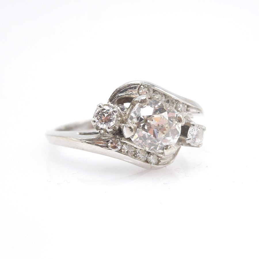 Antique Engagement 1.01 ct Old Mine Cut in 14K White Gold Bypass Ring