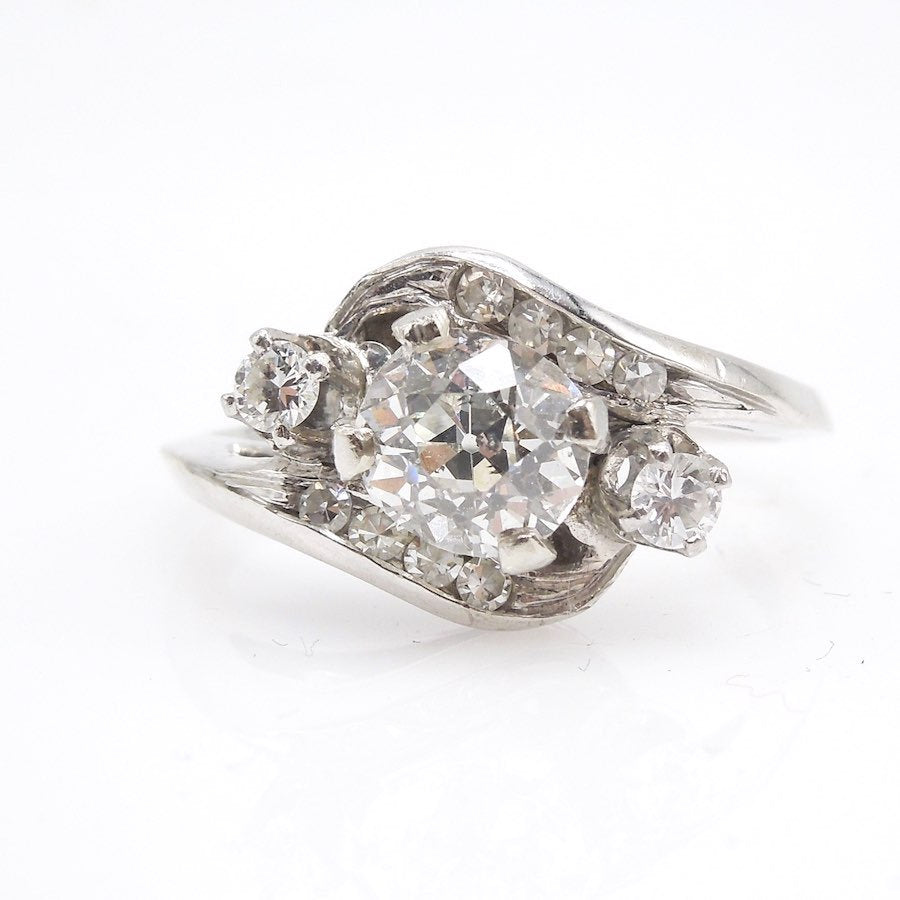Antique Engagement 1.01 ct Old Mine Cut in 14K White Gold Bypass Ring