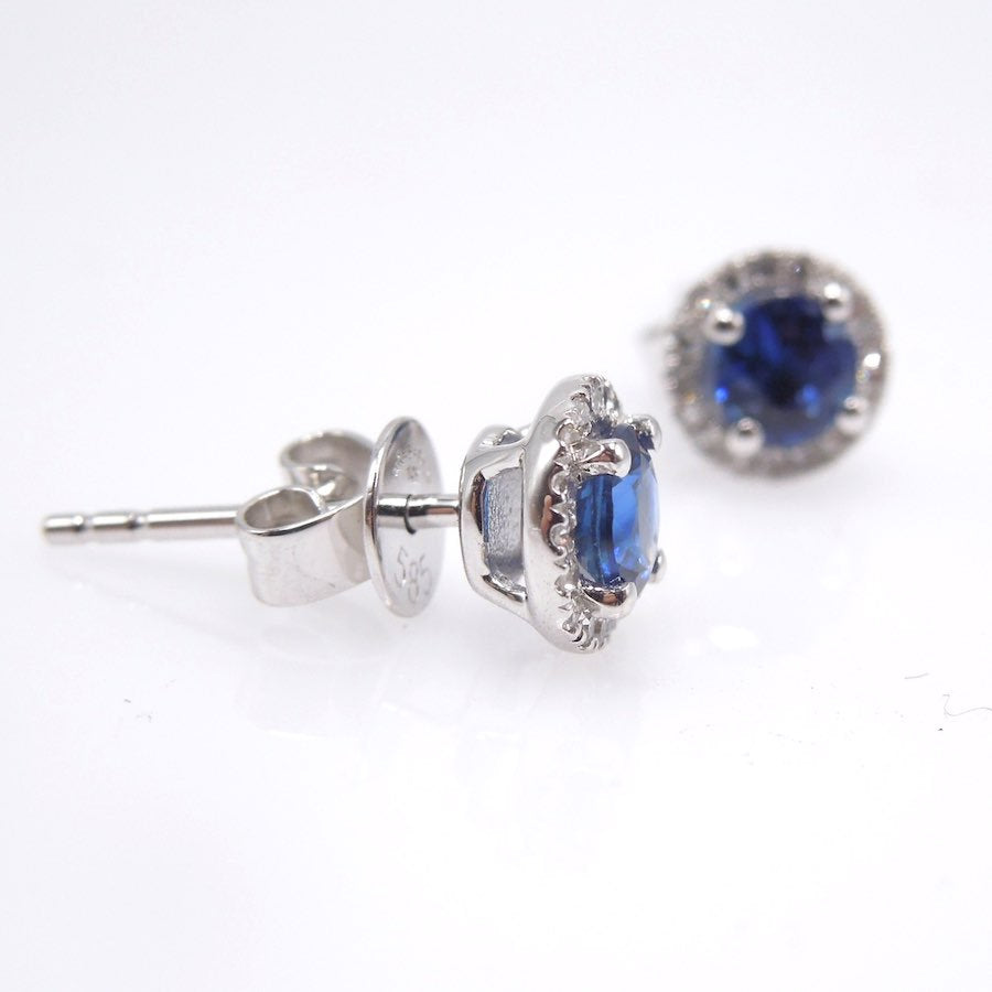 Blue Sapphire and Diamond Halo Stud Earrings