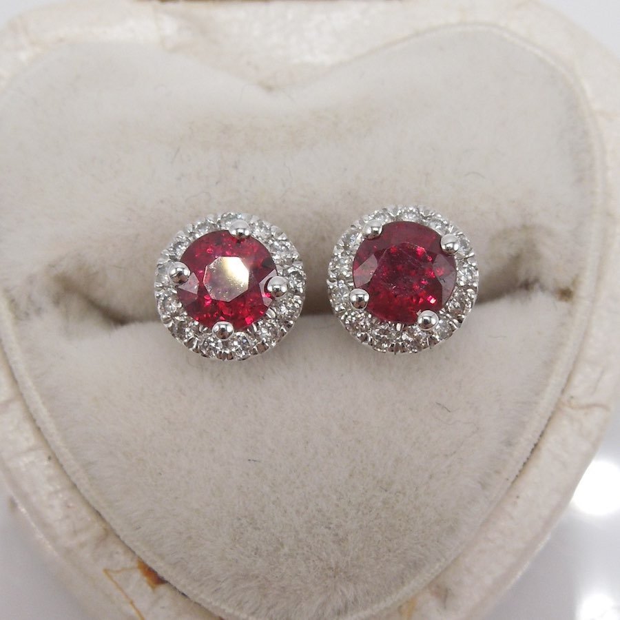 Red Ruby and Diamond Halo Stud Earrings