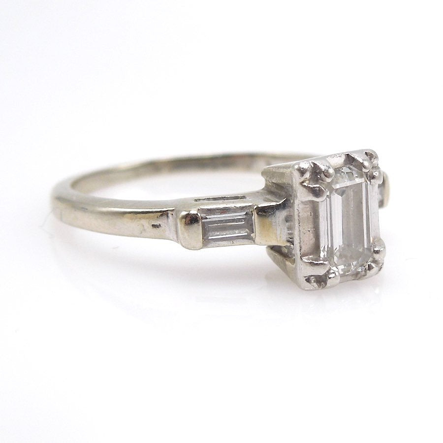 White Gold and Emerald Cut Diamond Engagement/Wedding Set with Baguettes
