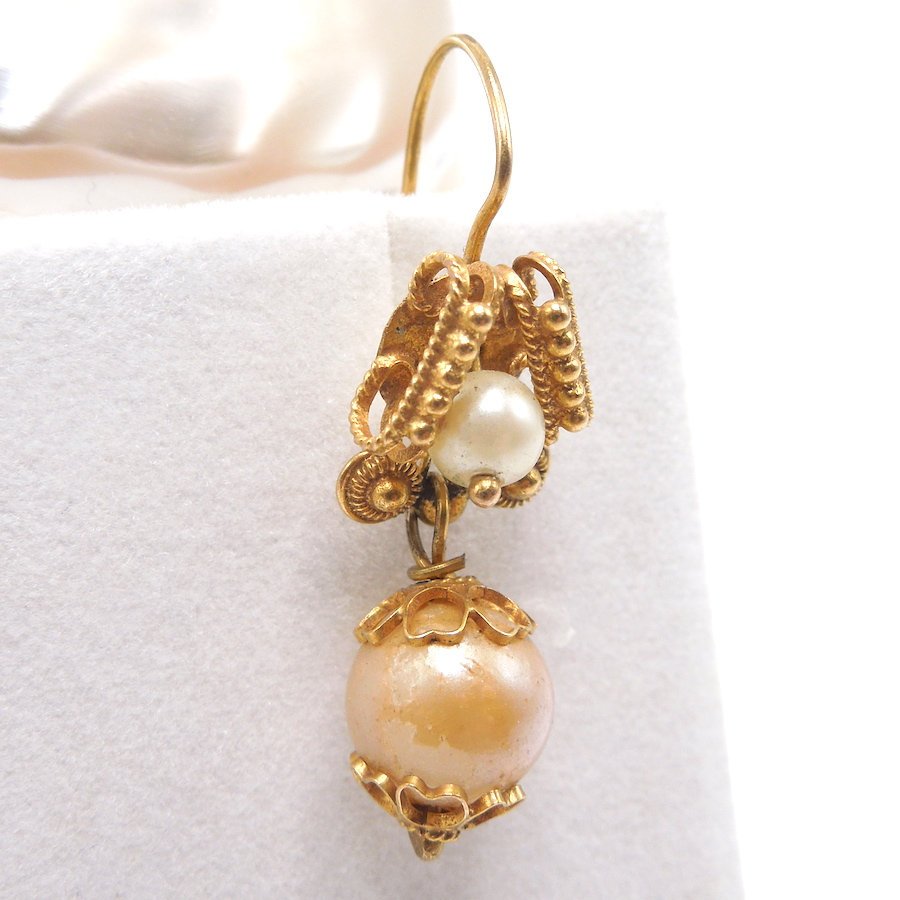 10K Yellow Gold and Golden Freshwater Pearl Victorian Drop Earrings