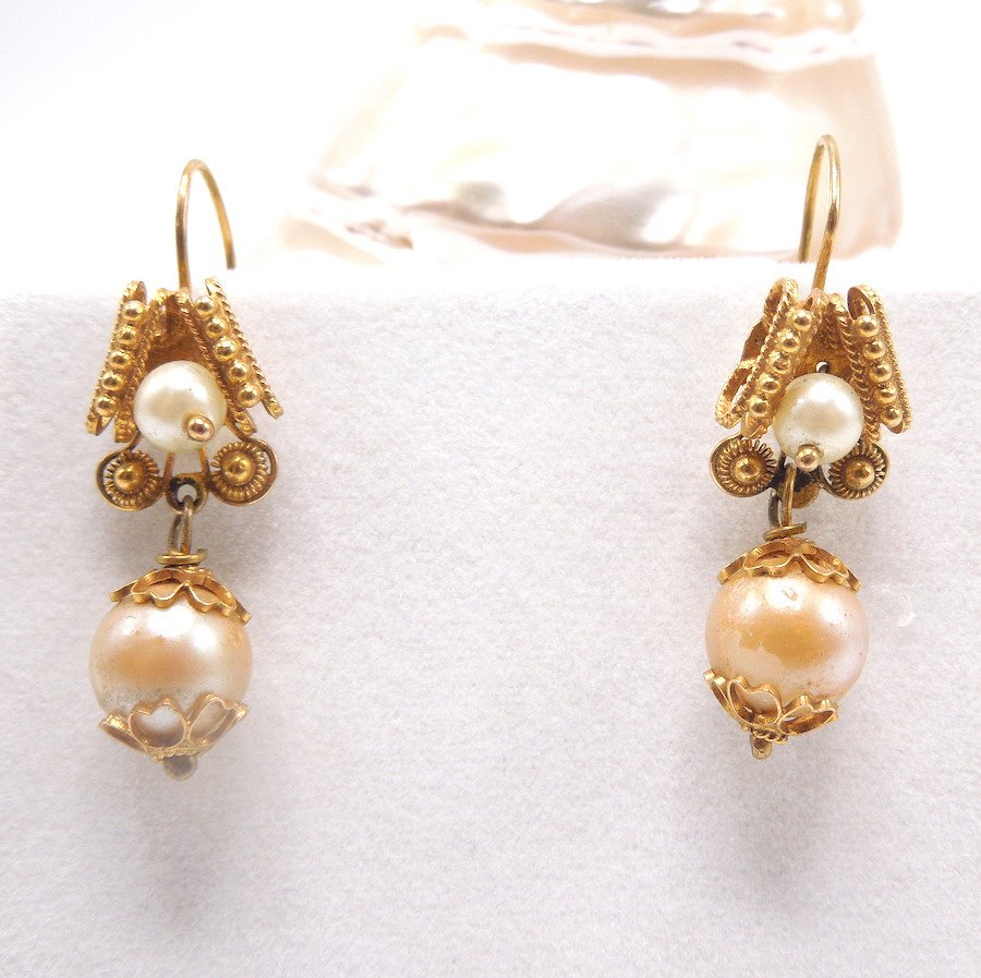 10K Yellow Gold and Golden Freshwater Pearl Victorian Drop Earrings