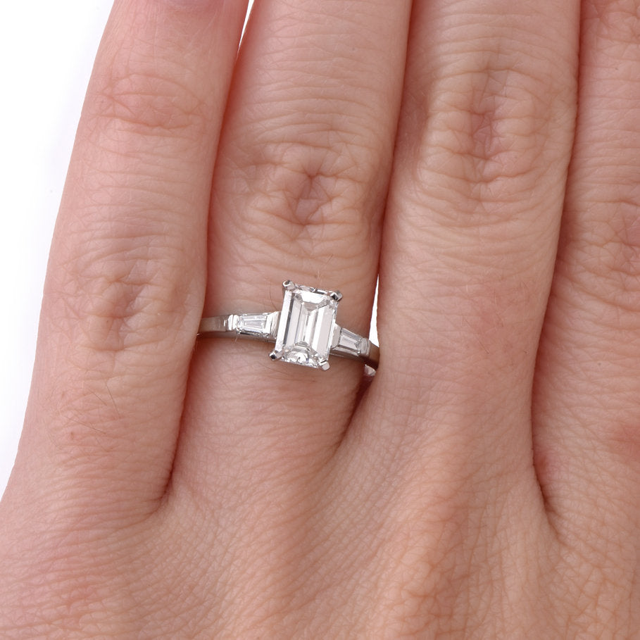 Retro Light Carat Emerald Cut Diamond Engagement Ring in Platinum with Baguettes