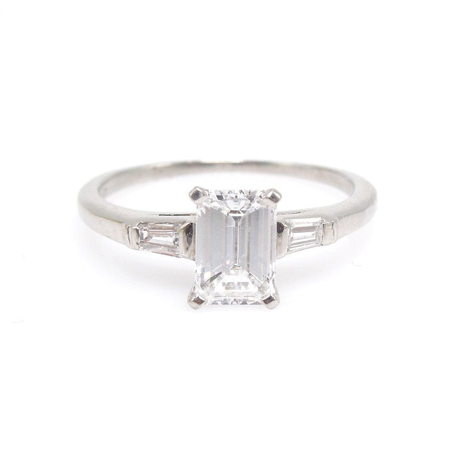 Retro Light Carat Emerald Cut Diamond Engagement Ring in Platinum with Baguettes