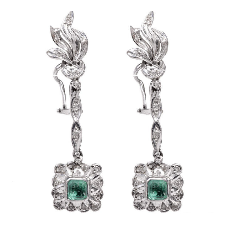 Vintage Emerald and Diamond Drop Earrings in Palladium