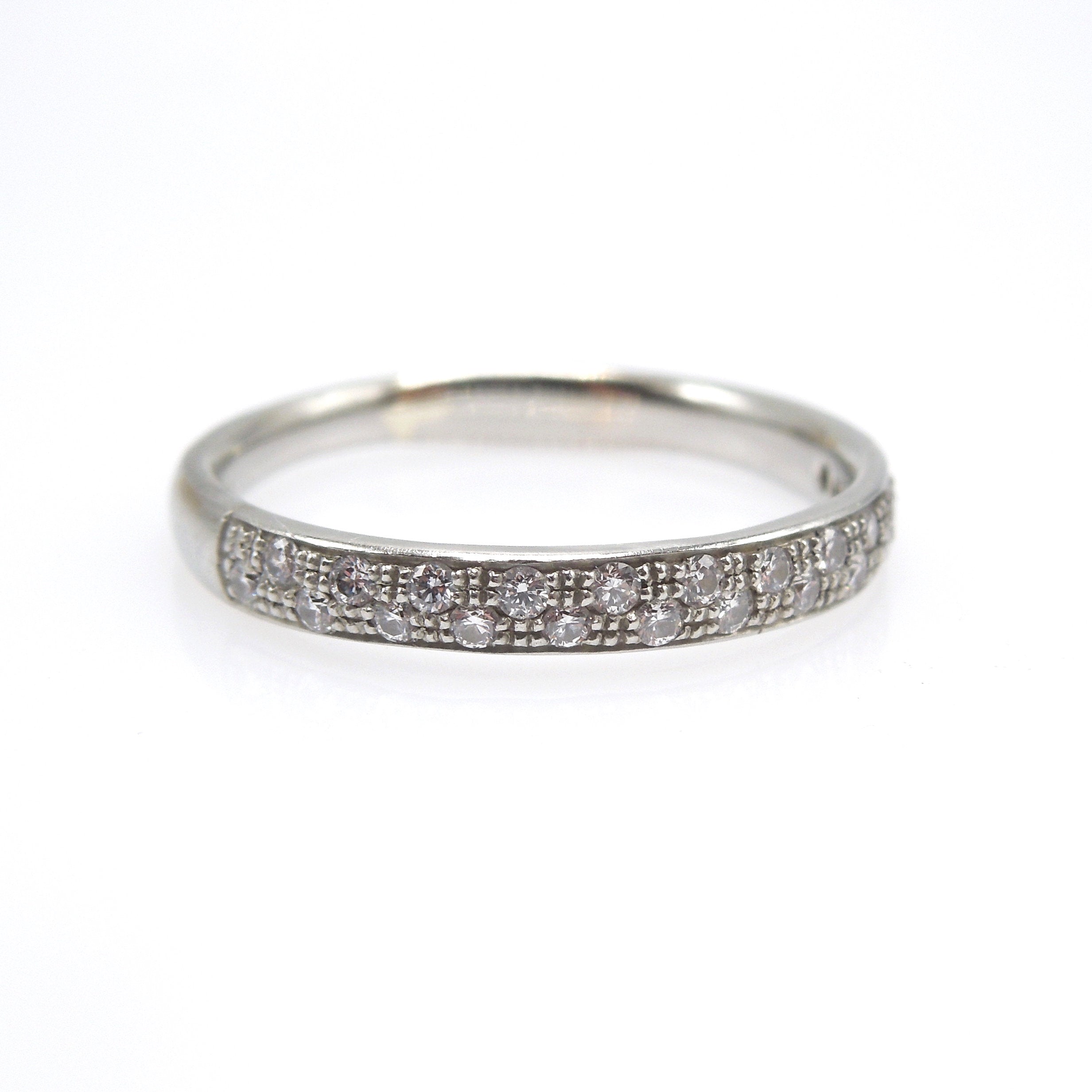 14K White Gold Wedding Band with Staggered Diamonds