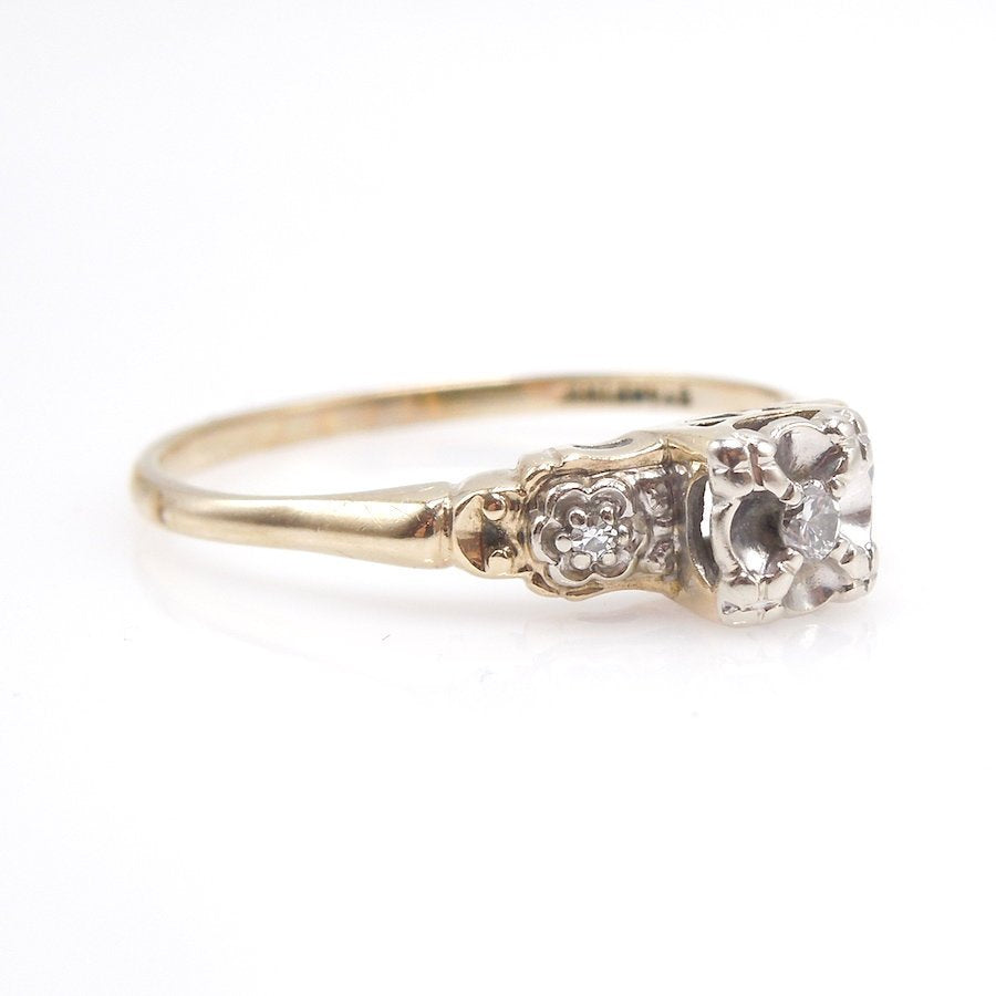 1930s Bicolor Yellow and White Gold Diamond Ring - Illusion Mount