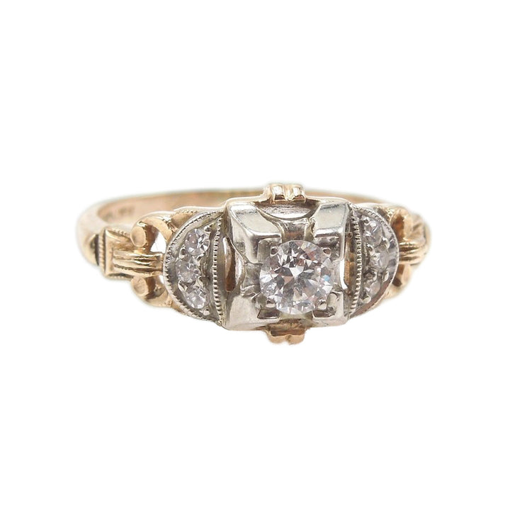 Late Art Deco Bicolor 0.17ct Diamond Engagement Ring in 14K White and Yellow Gold