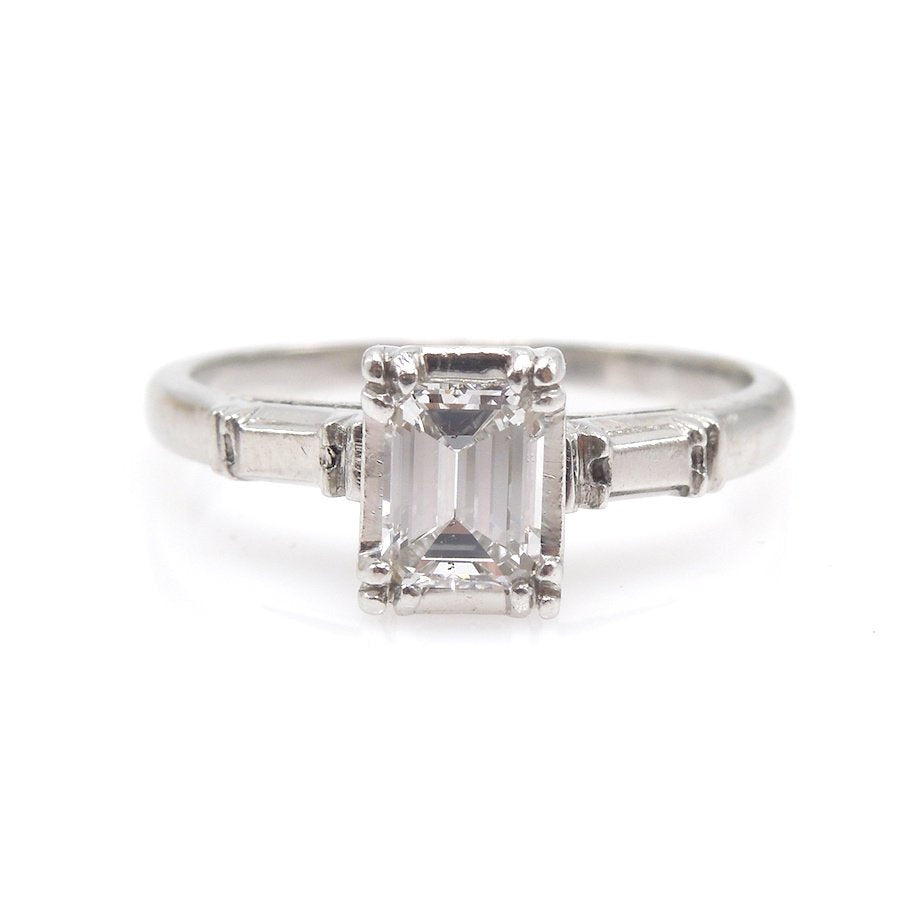 Retro 0.44ct Emerald Cut Solitaire Engagement Ring in Platinum with Wedding Band