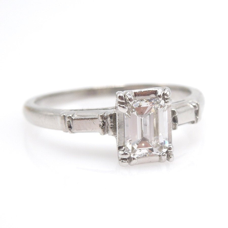 Retro 0.44ct Emerald Cut Solitaire Engagement Ring in Platinum with Wedding Band