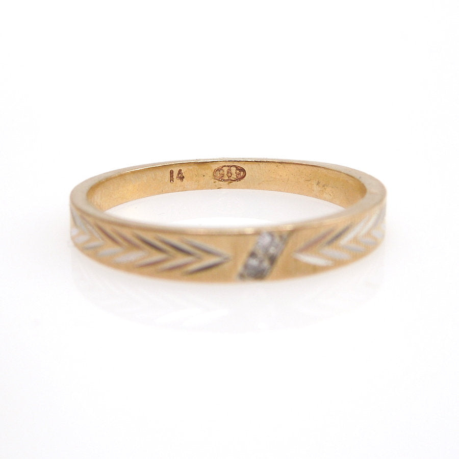 Midcentury Retro Yellow Gold Wedding Band with Two Small Diamonds