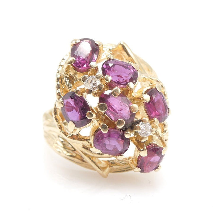 Large 14K Yellow Gold Oval Rhodolite Garnet and Diamond Ring