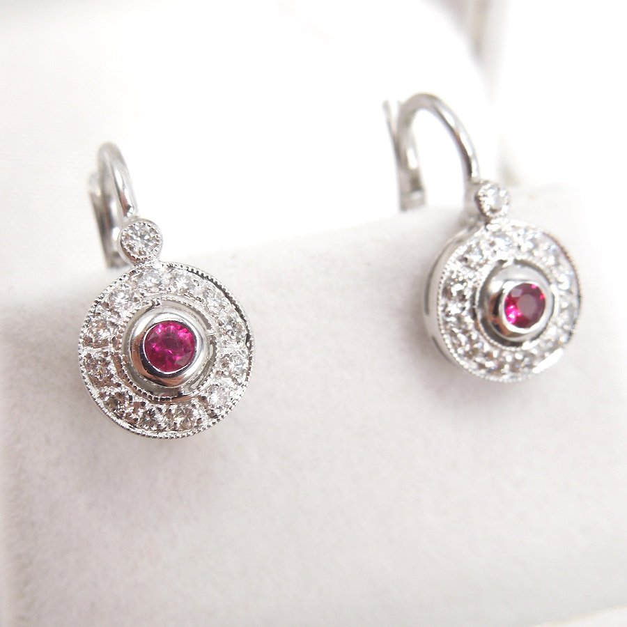 14K White Gold Ruby and Diamond Halo Lever Back Drop Earrings