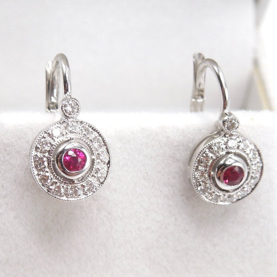 14K White Gold Ruby and Diamond Halo Lever Back Drop Earrings