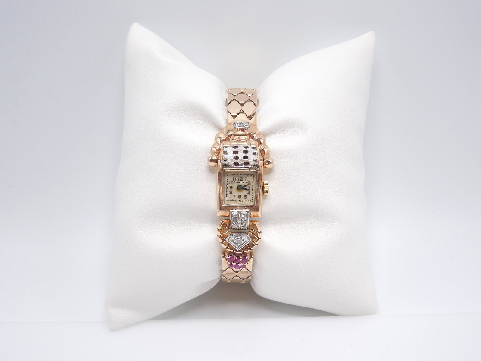 1940s Retro 14K Rose Gold, Diamond, and Ruby Chalet Ladies Winding Watch Bracelet