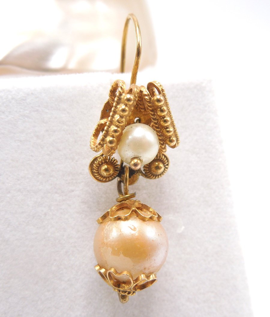 10K Yellow Gold and Golden Freshwater Pearl Victorian Drop Earrings