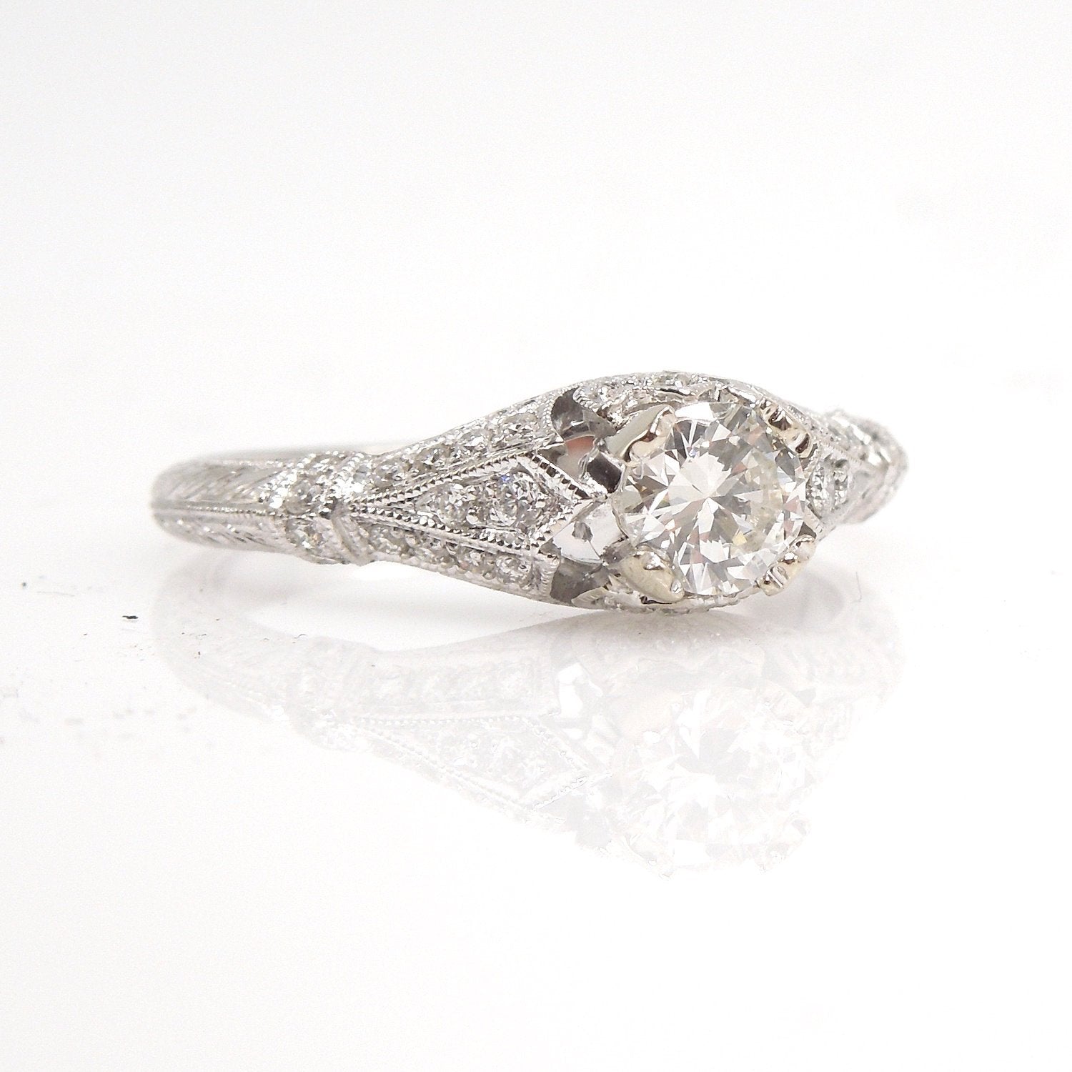Half Carat Diamond in Petite, Diamond Encrusted Art Deco Style Engagement Ring - 14K White Gold
