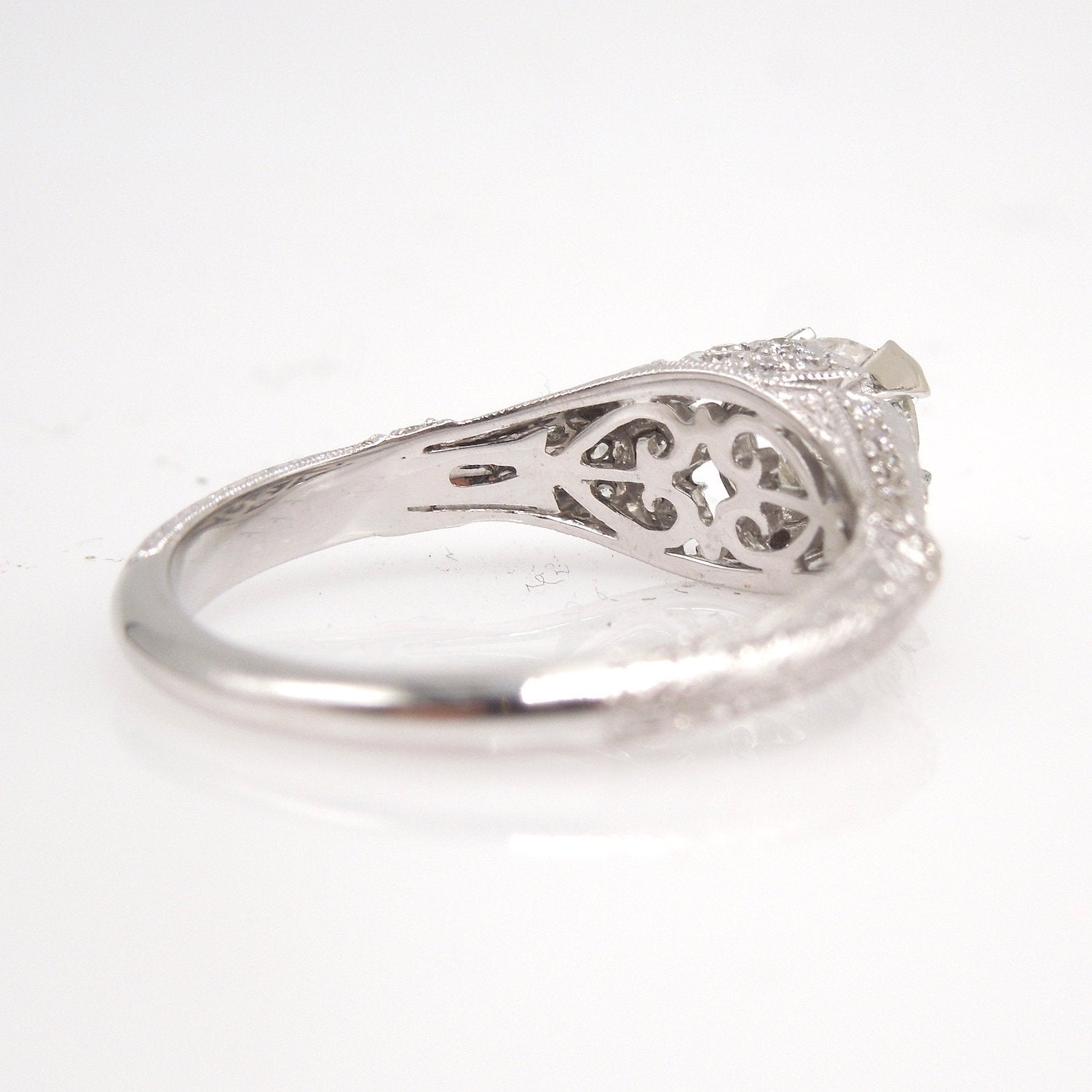 Half Carat Diamond in Petite, Diamond Encrusted Art Deco Style Engagement Ring - 14K White Gold