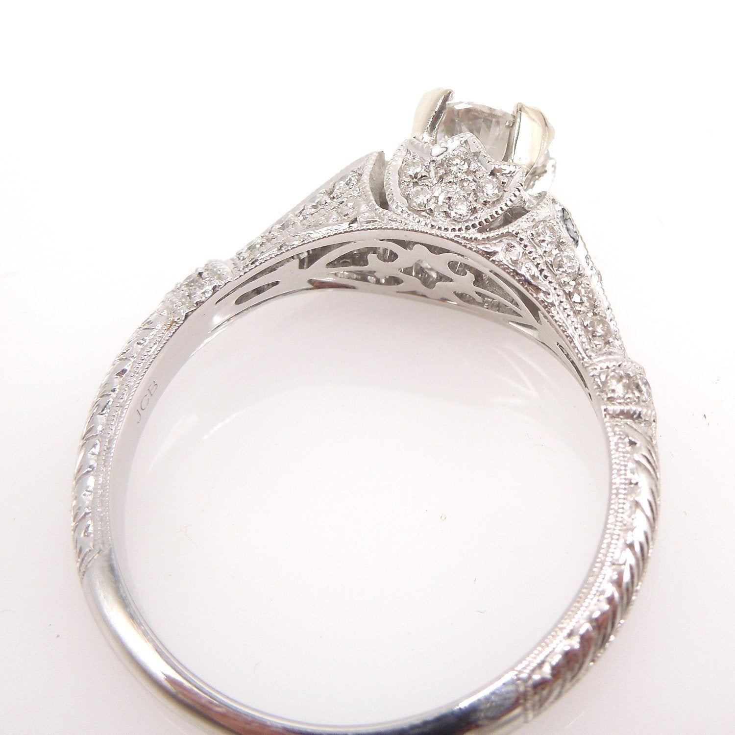 Half Carat Diamond in Petite, Diamond Encrusted Art Deco Style Engagement Ring - 14K White Gold