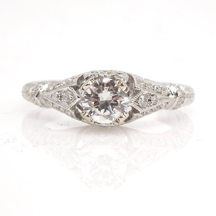 Half Carat Diamond in Petite, Diamond Encrusted Art Deco Style Engagement Ring - 14K White Gold