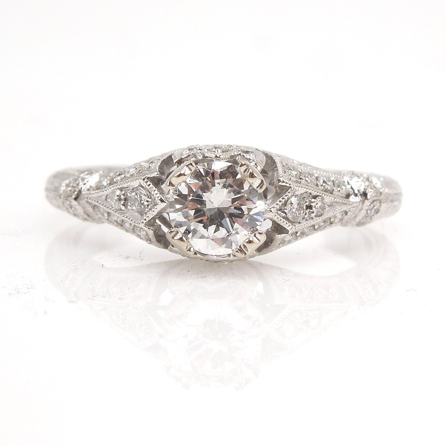 Half Carat Diamond in Petite, Diamond Encrusted Art Deco Style Engagement Ring - 14K White Gold