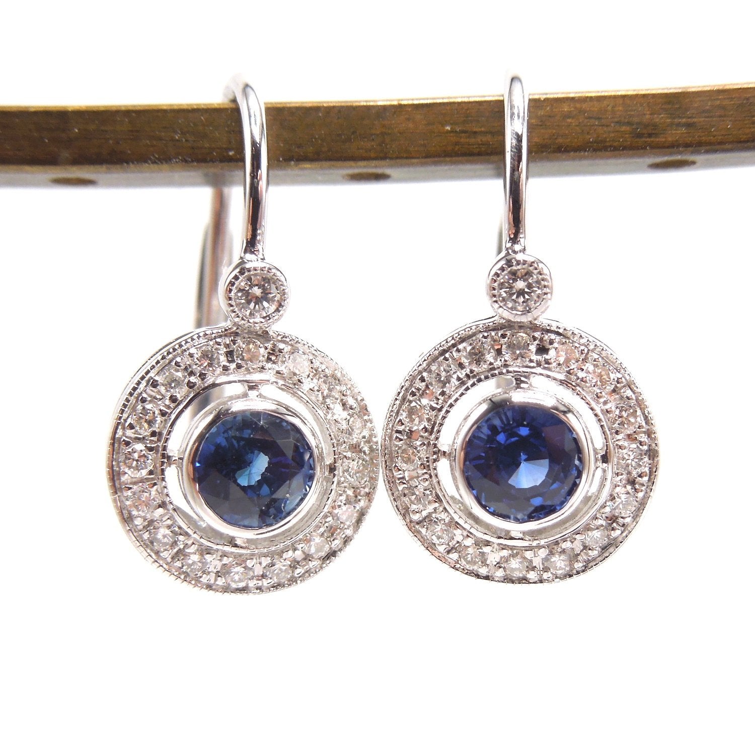 Art Deco Style Diamond and Sapphire Lever Back Drop Earrings