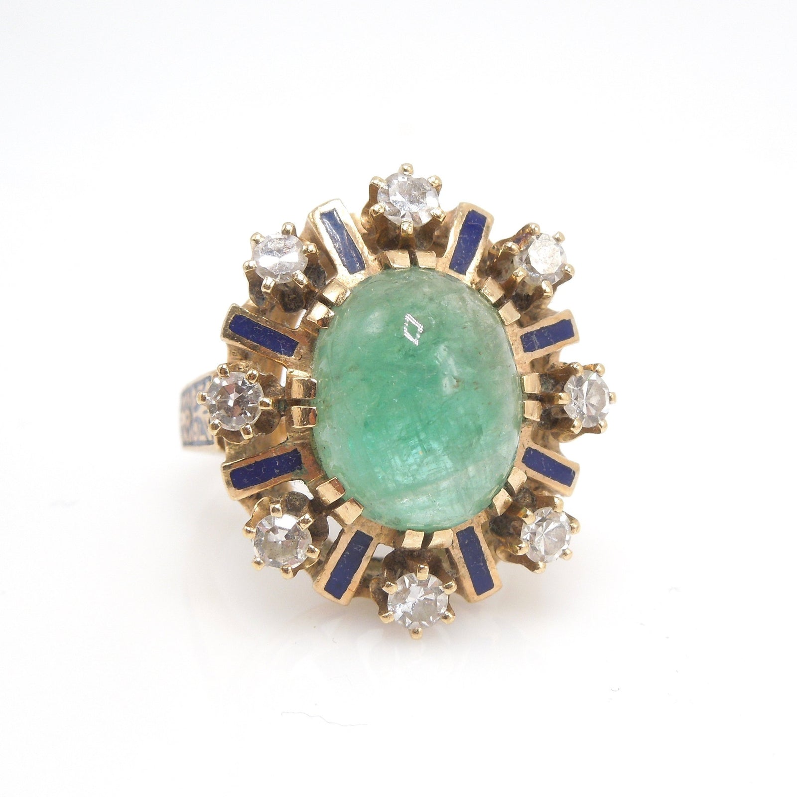 5.00ct Cabochon Emerald Ring - Antique/Victorian - with Enamel and Antique Cut Diamonds