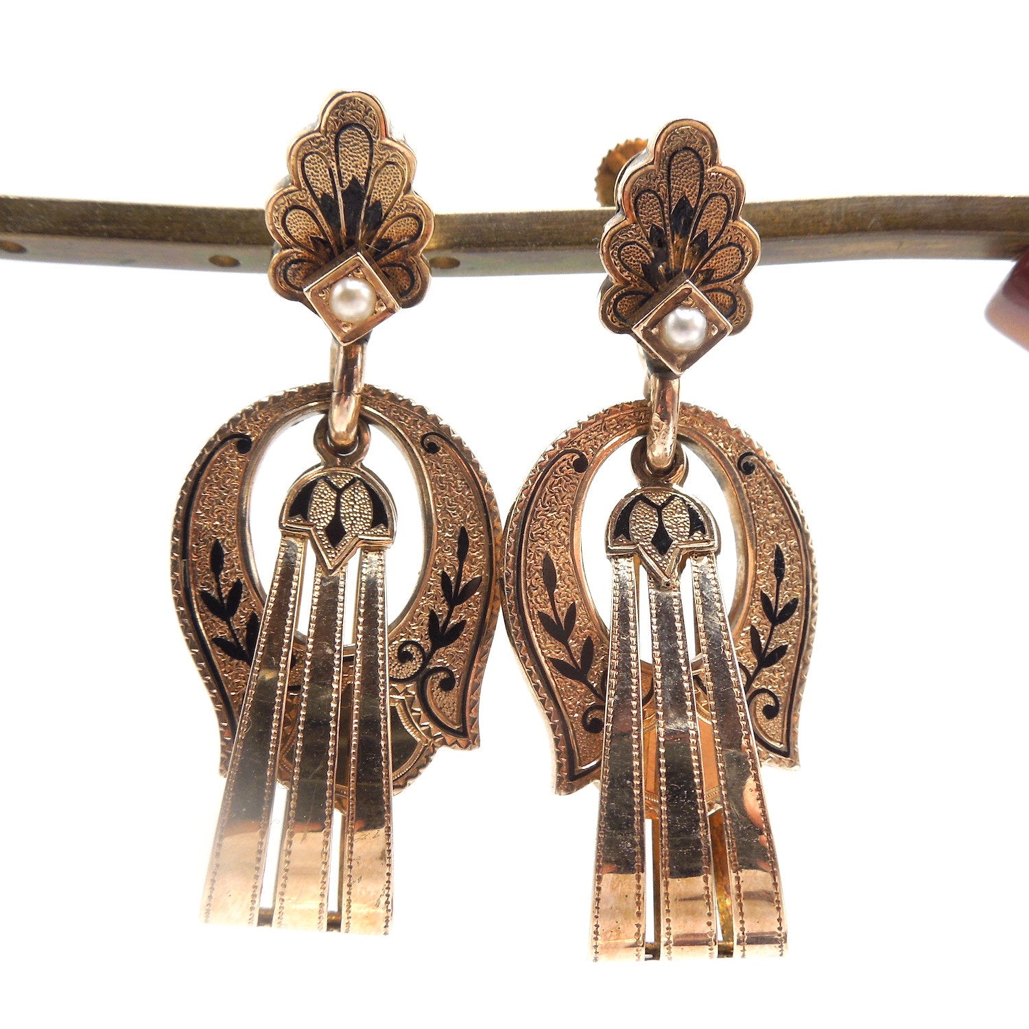 Antique Victorian Yellow Gold and Enamel Screwback Earring and Brooch Set
