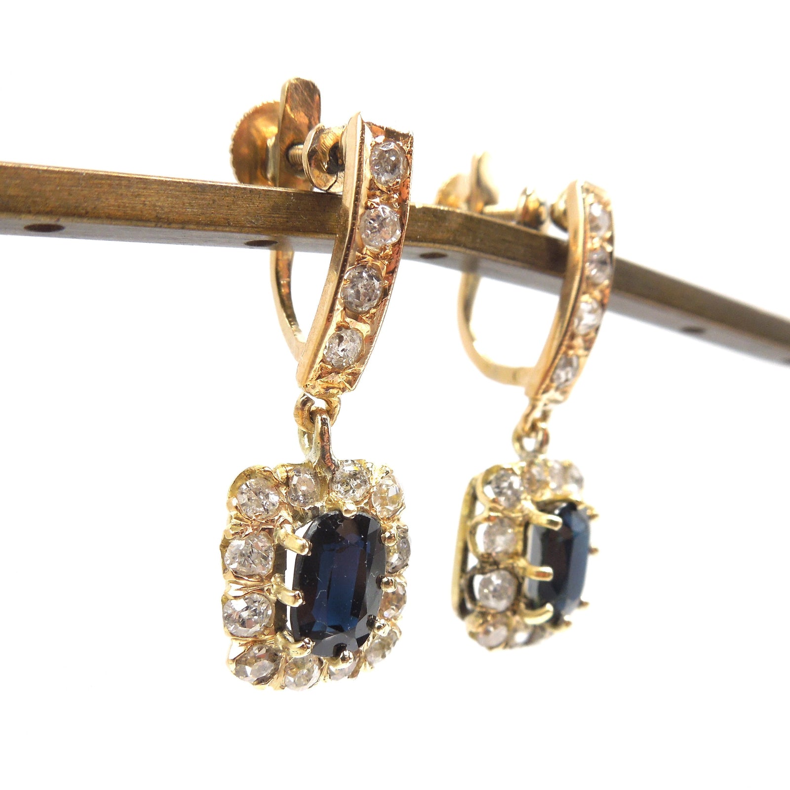 Vintage  Sapphire and Diamond Drop Earrings in 14K Yellow Gold