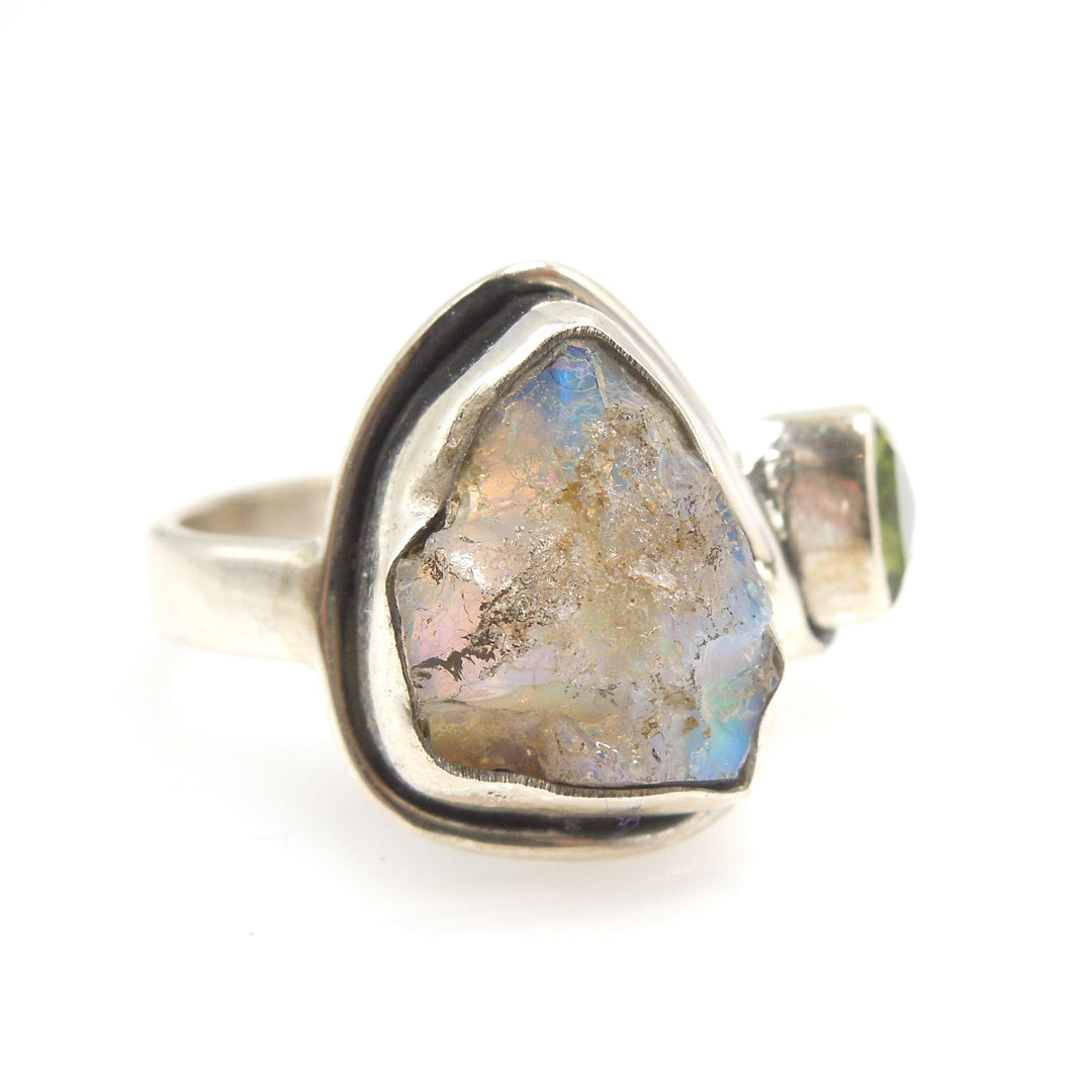 Ethiopian Opal Rough and Peridot Ring in Sterling Silver