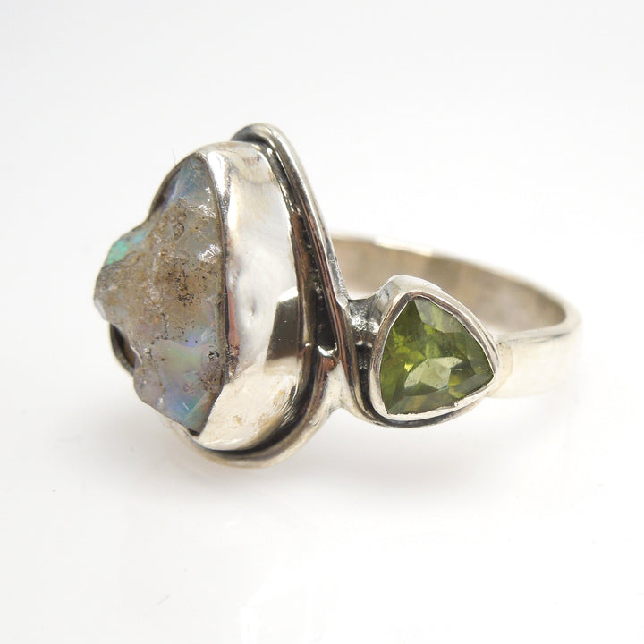 Ethiopian Opal Rough and Peridot Ring in Sterling Silver