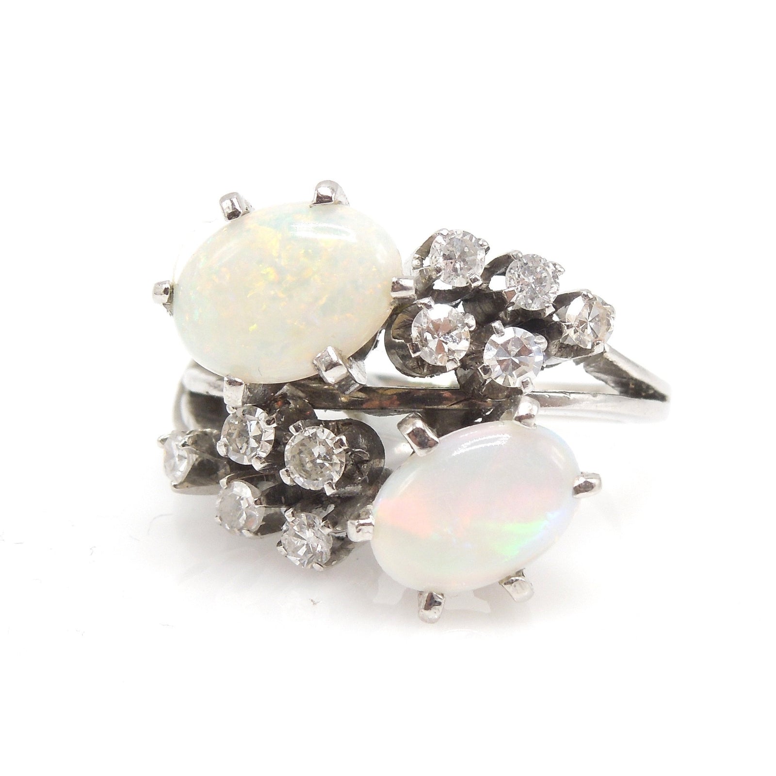 Midcentury Opal and Diamond Cocktail Ring in White Gold