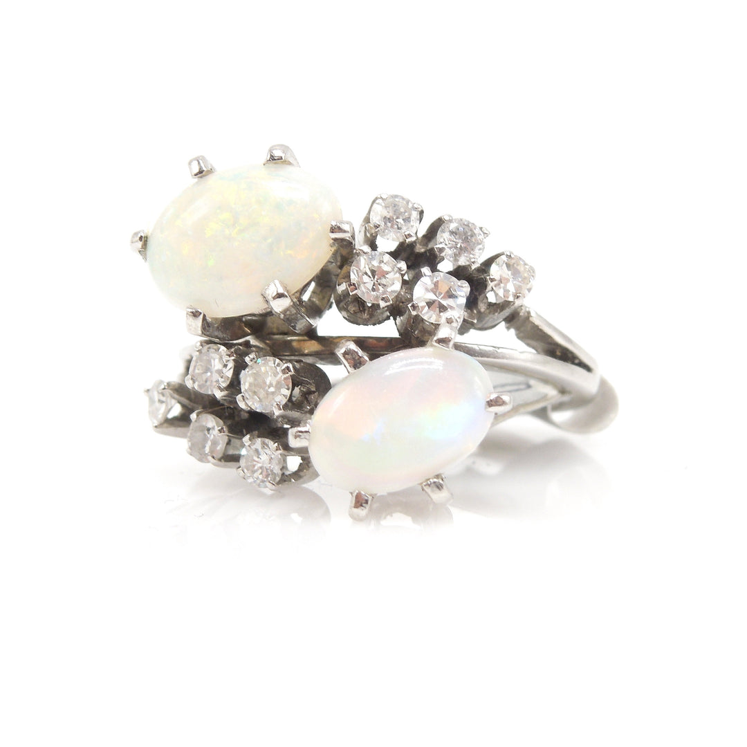 Midcentury Opal and Diamond Cocktail Ring in White Gold