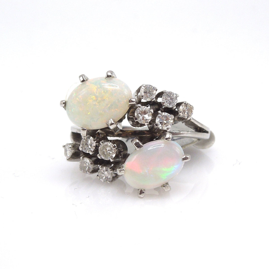 Midcentury Opal and Diamond Cocktail Ring in White Gold