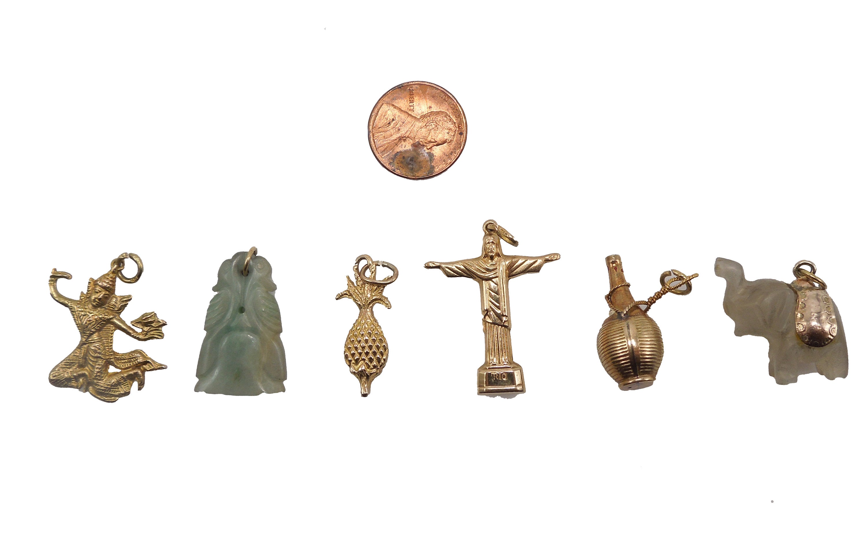 Lot of 6 Gold Charms for Charm Bracelet - Siamese Dancer, Jade Dragon, Pineapple, Cristo Redentor, Chianti Bottle, Elephant