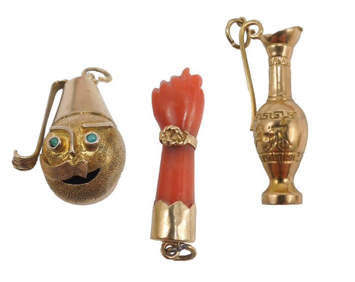 Lot of 3 Gold Charms for Charm Bracelet - Figa, Greek Soldier, Greek Amphora
