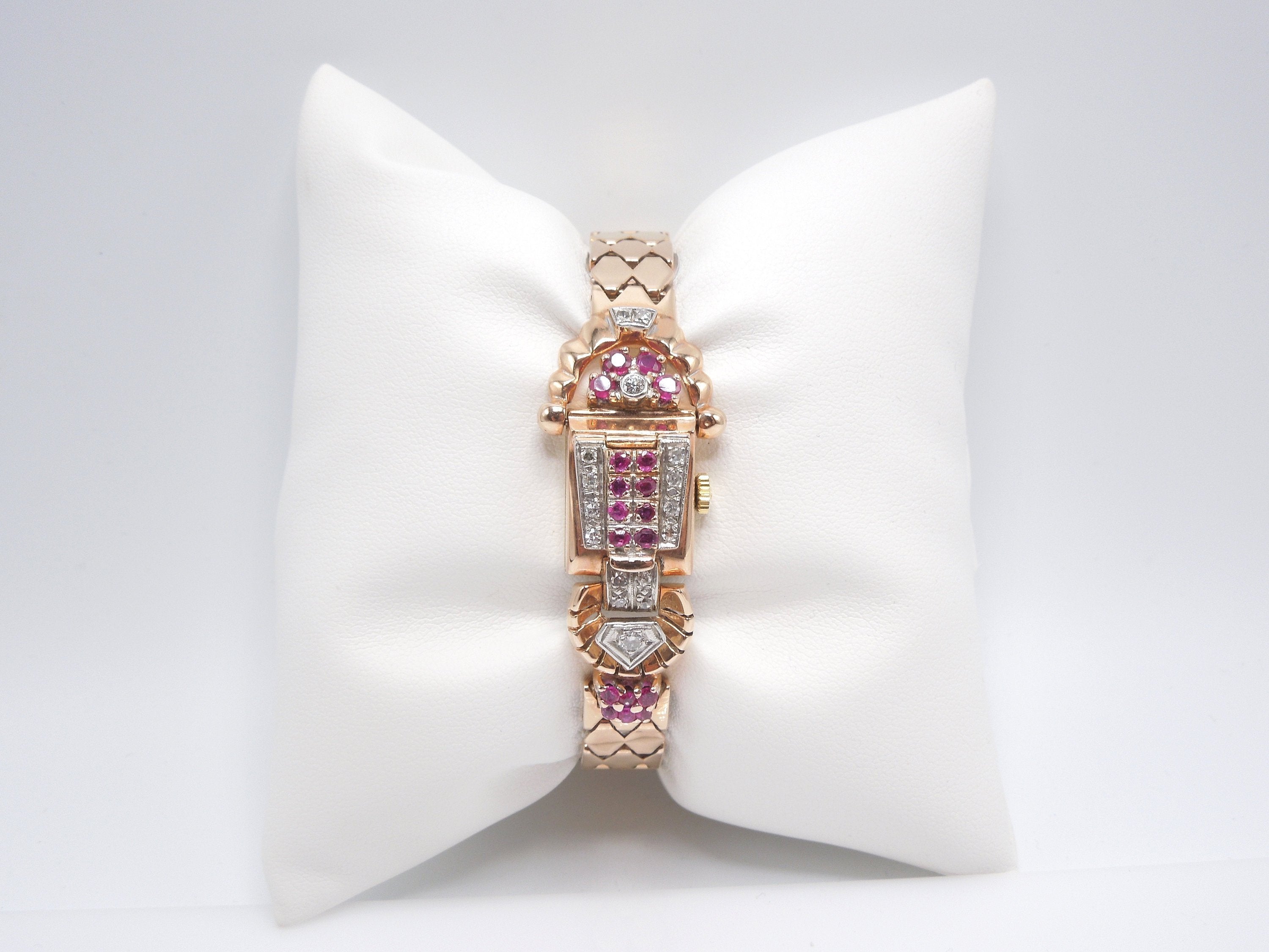 1940s Retro 14K Rose Gold, Diamond, and Ruby Chalet Ladies Winding Watch Bracelet