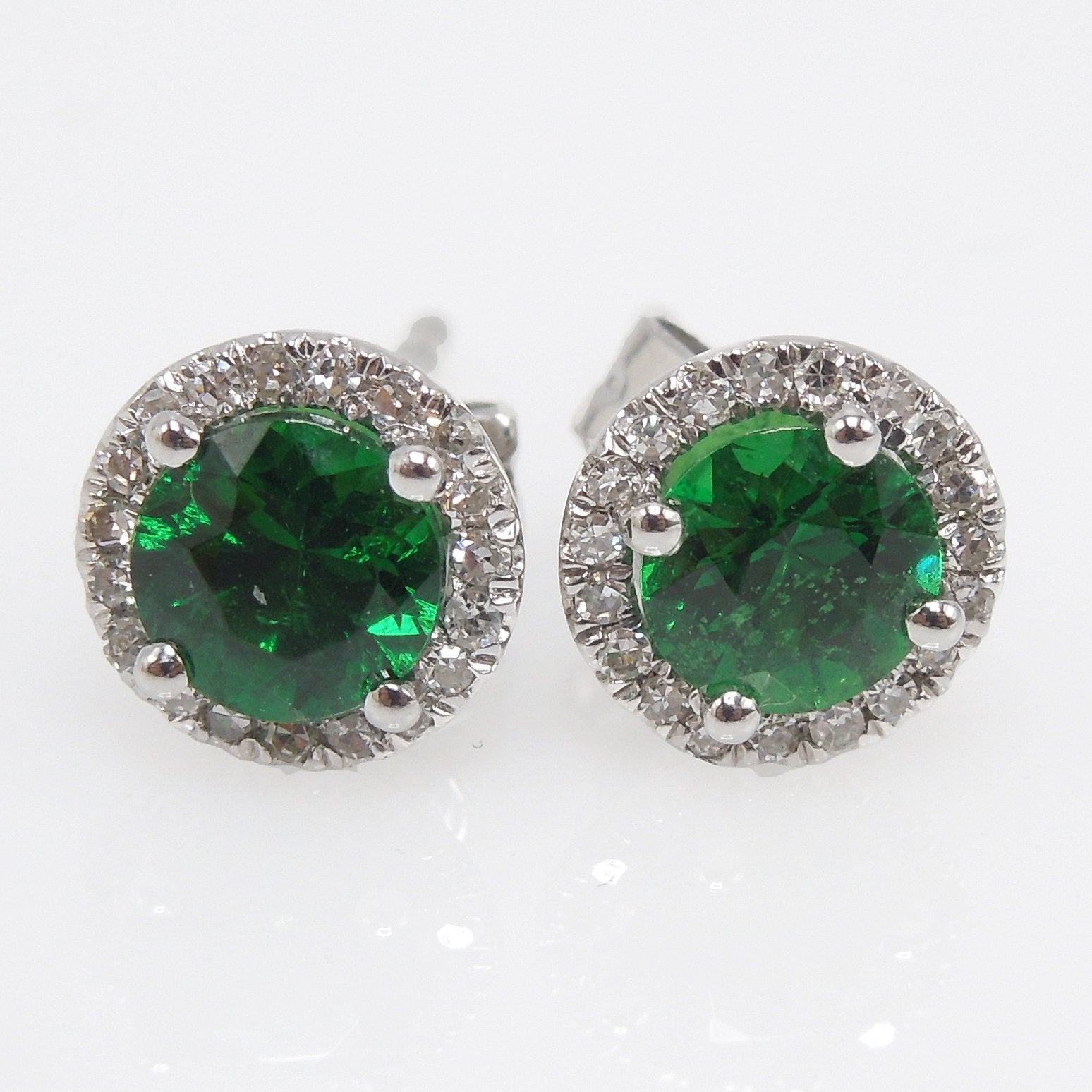 Green Tsavorite Garnet and Diamond Halo Stud Earrings