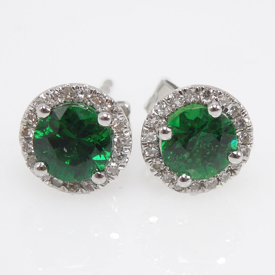 Green Tsavorite Garnet and Diamond Halo Stud Earrings