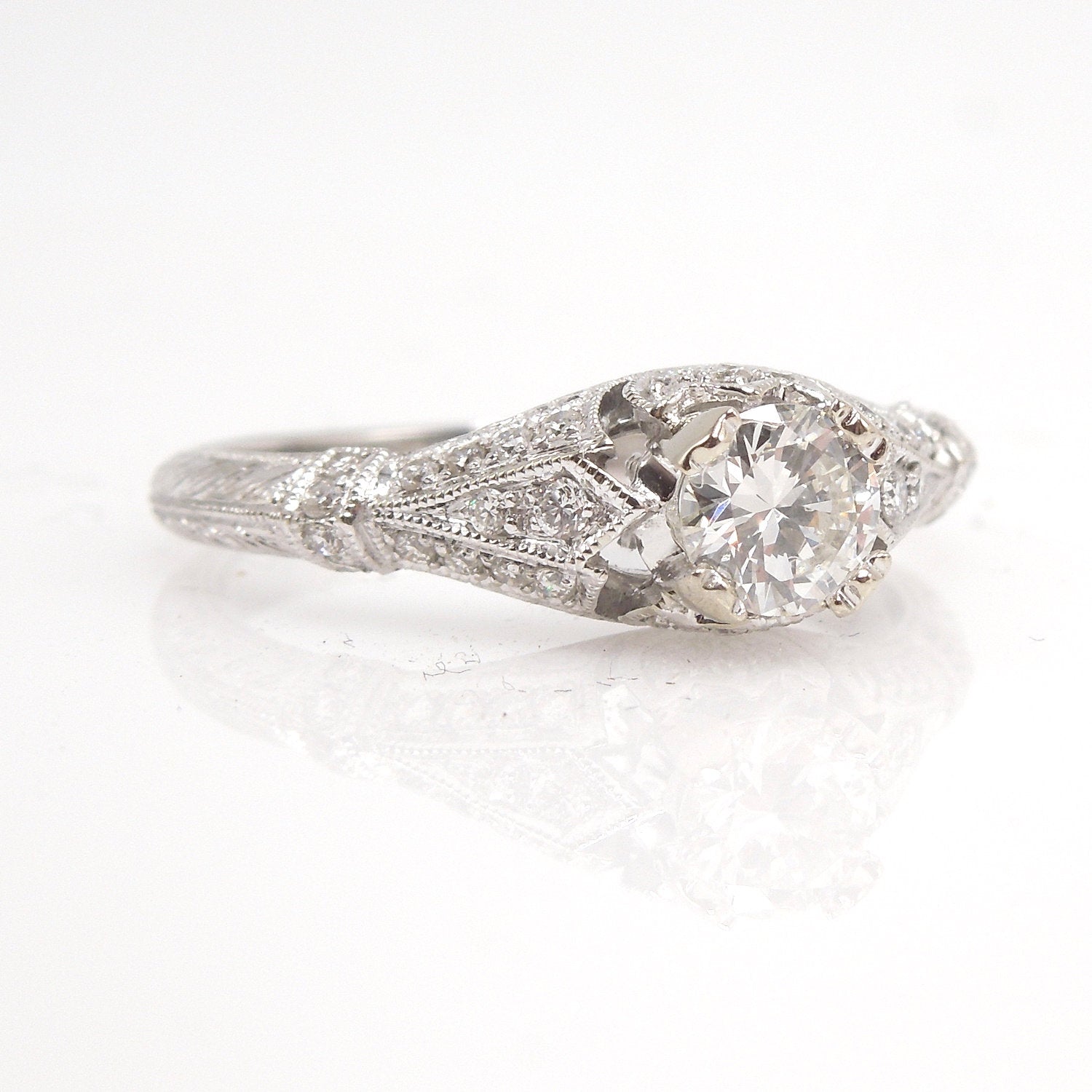 Half Carat Diamond in Petite, Diamond Encrusted Art Deco Style Engagement Ring - 14K White Gold