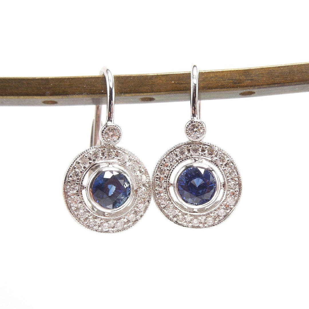Art Deco Style Diamond and Sapphire Lever Back Drop Earrings