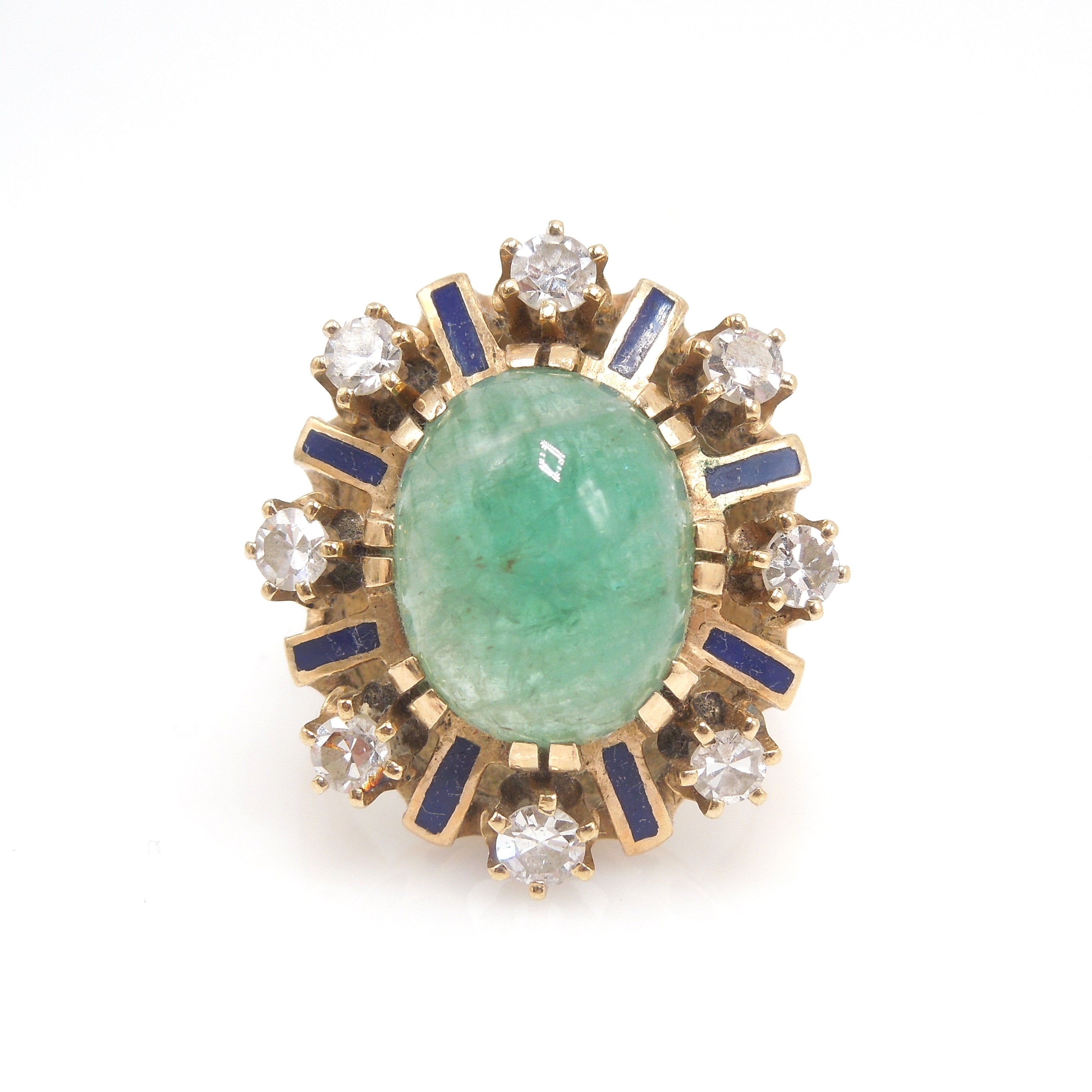 5.00ct Cabochon Emerald Ring - Antique/Victorian - with Enamel and Antique Cut Diamonds